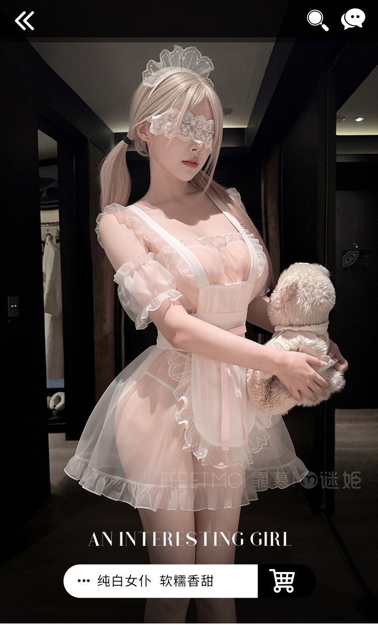 Feimu & Mystery Maid Lingerie Set with Bowknot Lace, See-through Dress, Apron, Thong and Eye Mask — detail image 15