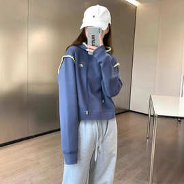 ADER春秋季新款小标刺绣短款连帽卫衣帽衫女士休闲百搭假拼接袖