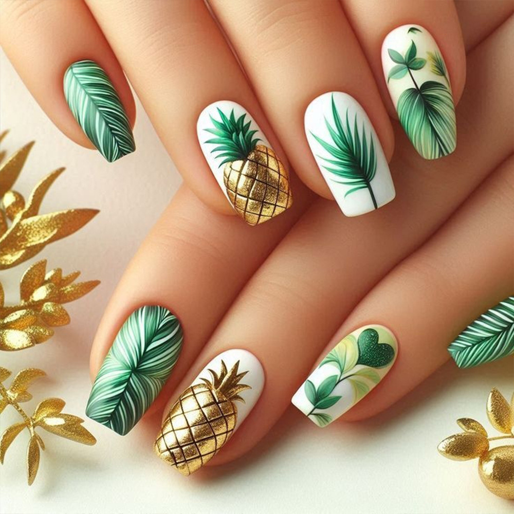 Transfronterizo estereoscópico estilo tropical manicure verde dorado piña desgaste uña larga 24 piezas parche de uñas terminado