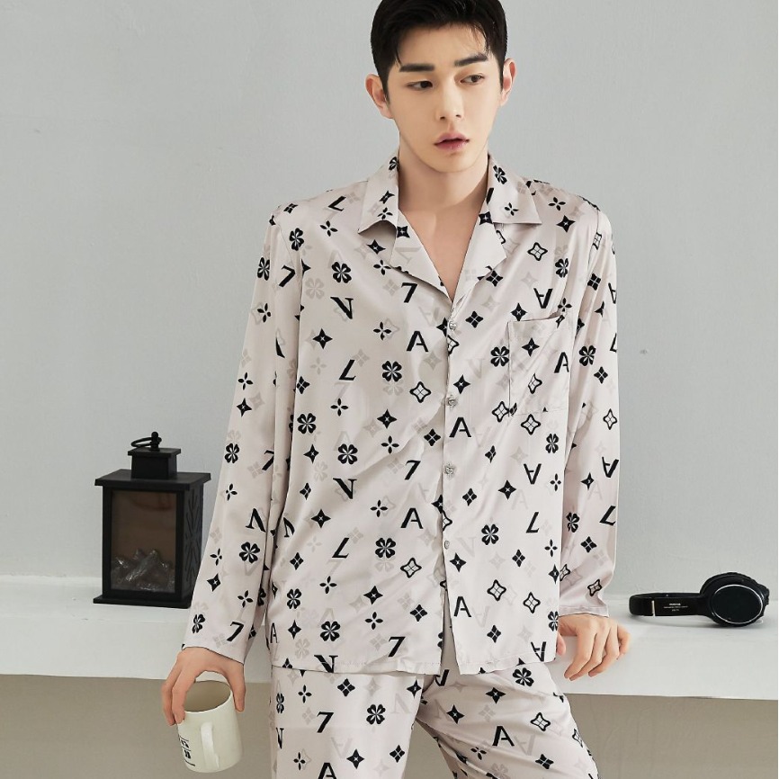 Yase [Trendy Brand Presbyopia] Spring and Autumn New Men's High-Quality Luxurious Ice Silk Pajamas Set Home Clothes