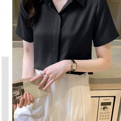 Linen Shirt for Women - Summer 2025, Elegant, Slimming, Mature-Style Professional Polo Collar Short-Sleeve Square Shoulder Top