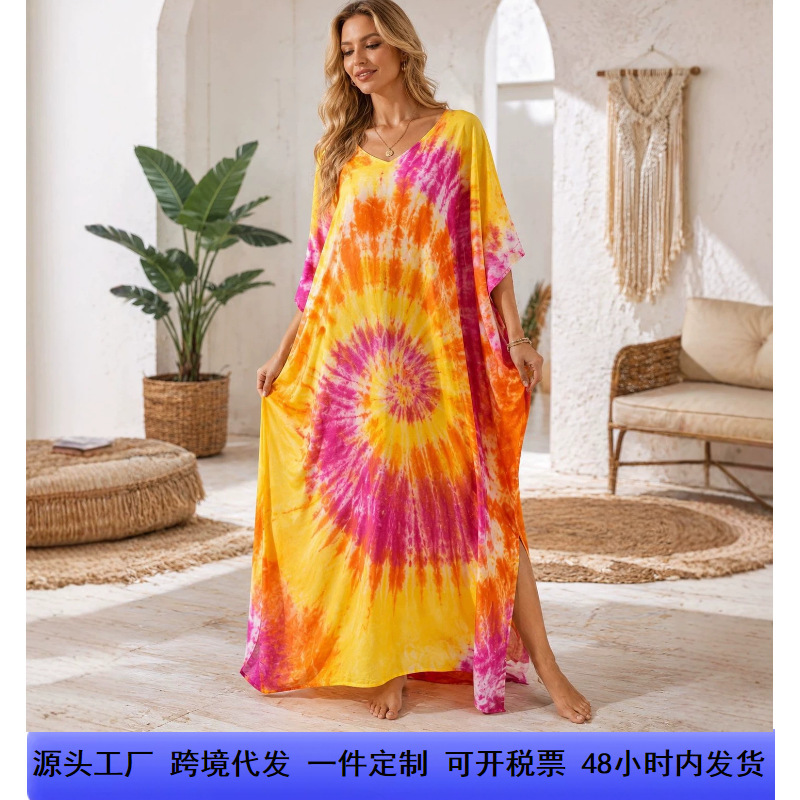 Amazon Independent Site European and American Tie-Dye Loose Batwing Sleeve Robe Blouse Cross-Border Women's Clothing Supply Can Be Shipped Directly