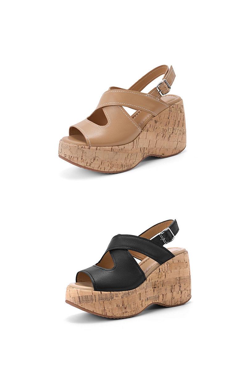 Sandal cao gót nữ hở mũi đế xuồng platform da bò thật quai chéo kiểu La Mã — màu đen, màu nâu nhạt chi tiết 14