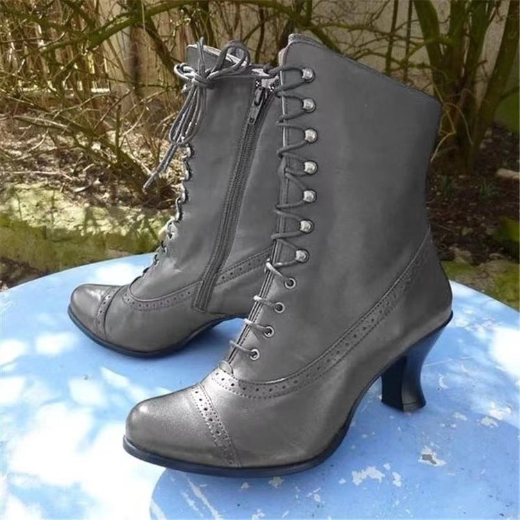 2023 Foreign Trade European Station High-Heeled Large Size Women's British Style Boots Thick Heel Short Boots Mid-Calf Motorcycle Boots Women's Boots