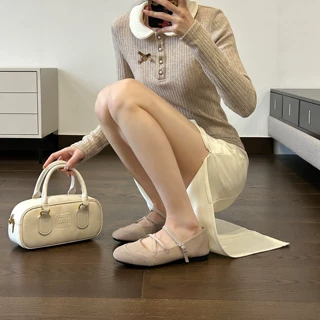 软皮版~法式淑女一字带平底玛丽珍鞋女配裙子浅口单鞋软底奶奶鞋