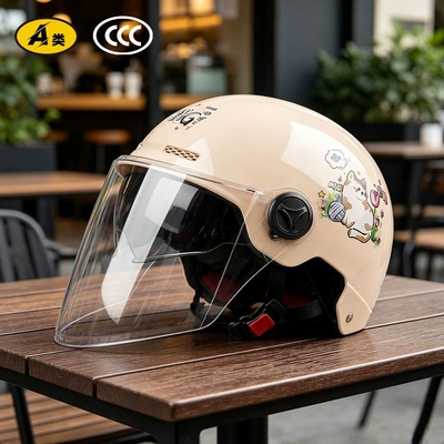 Dual-vision new helmet for electric scooters, adult half helmet for electric vehicles and motorcycles, national standard 3C certified safety helmet, summer sun protection (Motosiklet kaskı (dəbilqə)) - glossy-double-mirror-model-khaki-cat-diarysunshade-hidden-inner-mirrorlong-lensapproximately-185cm-in-length