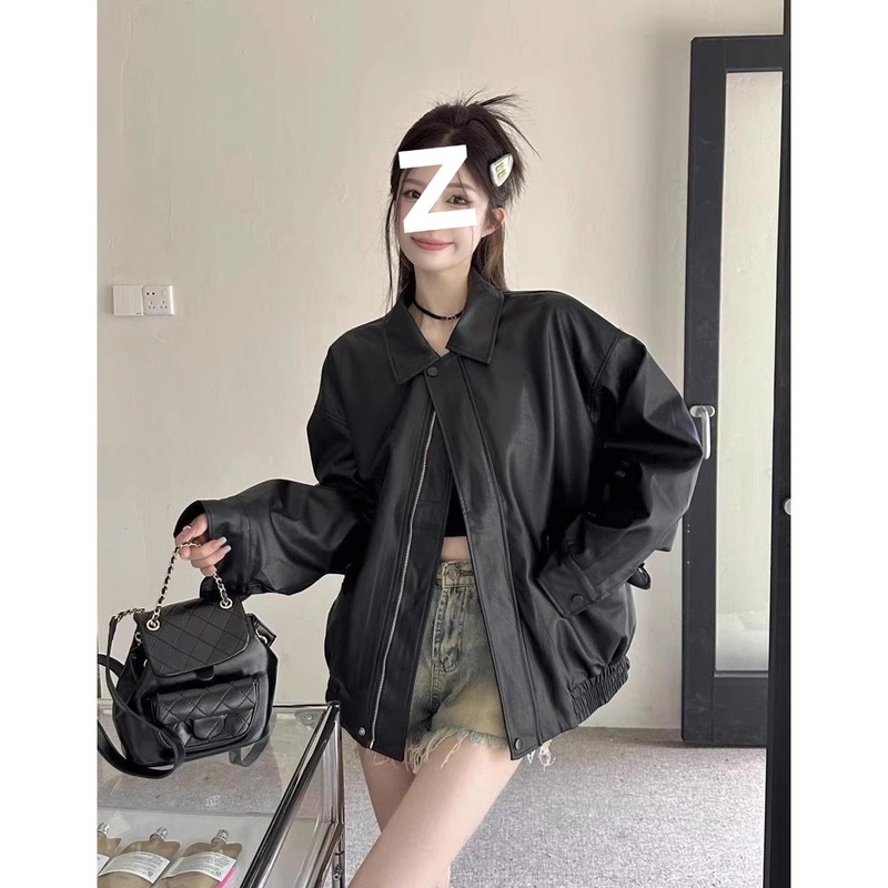 美式复古皮衣夹克外套女春秋季黑色甜酷风机车PU皮宽松修身长袖上|undefined