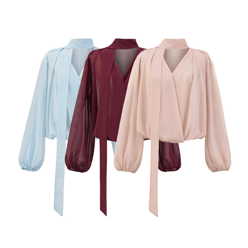 High-End Shirt Pullover V Neck Ribbon Long-Sleeved Top, Feminine Korean Women's Loose and Light Lantern Sleeve Chiffon Shirt High-End Shirt Pullover V Neck Ribbon Long-Sleeved Top, Feminine Korean Women's Loose and Light Lantern Sleeve Chiffon Shirt