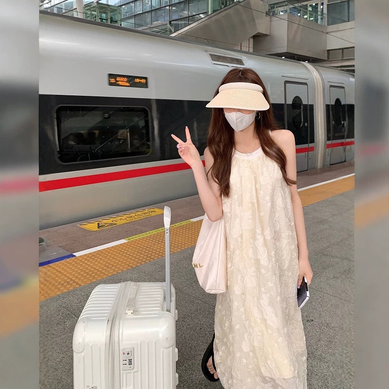 Váy liền maxi nữ cổ yếm dáng suông họa tiết hoa nổi — màu mơ chi tiết 4