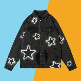 美式复古牛仔夹克男休闲宽松星星印花工装外套Cargo Denim Jacket