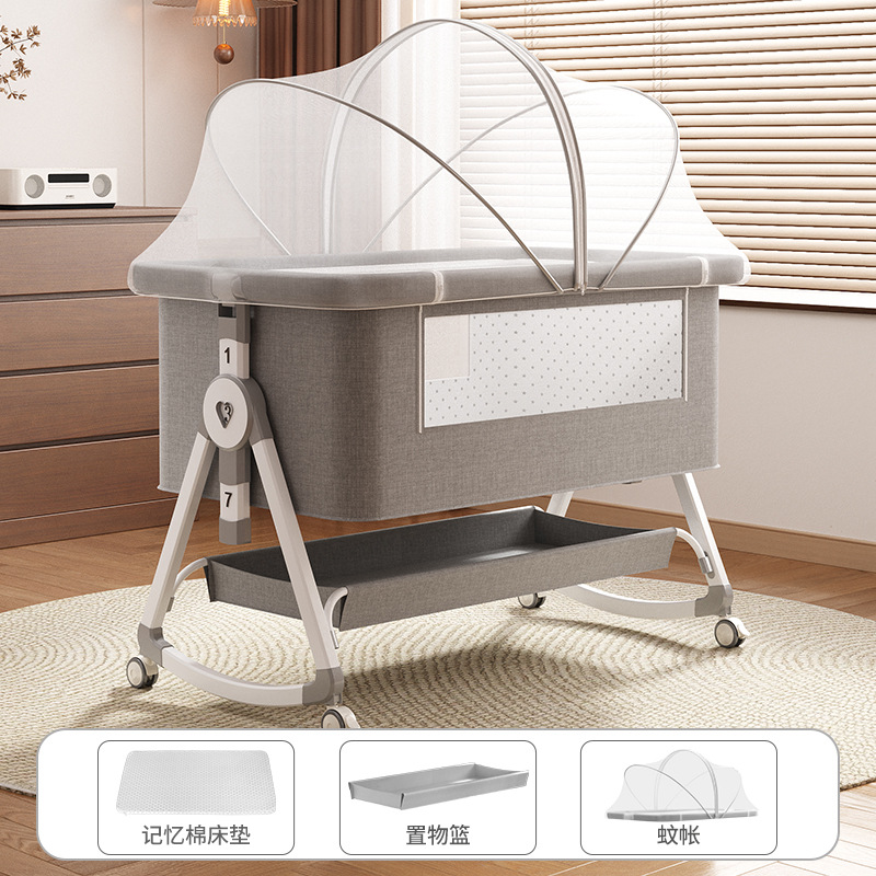 Cama de cuna plegable móvil ajustable de altura, cama de bebé portátil, cama de empalme para bebé multifuncional