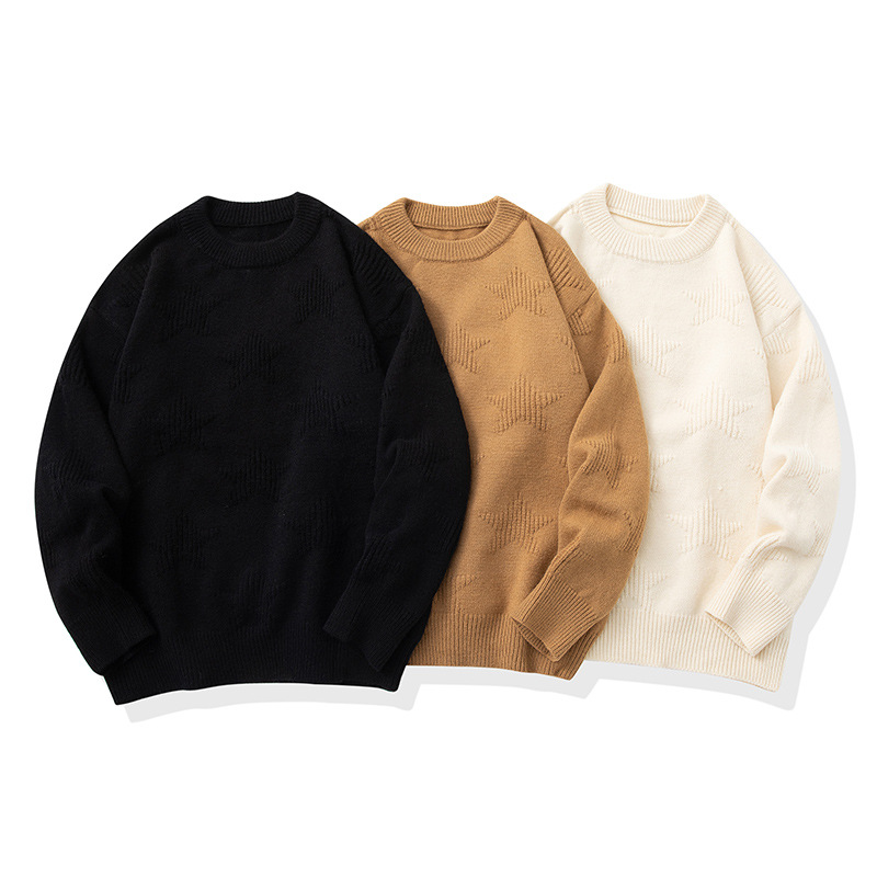 Sweater men's autumn and winter new loose casual star jacquard couple style solid color simple knit sweater_voghion.com