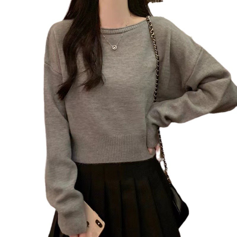 Otoño y invierno nuevos suéteres de mujeres sueltos hookah corto un cuello de punto versátil camiseta de fondo perezosa camiseta de viento para mujeres image 6