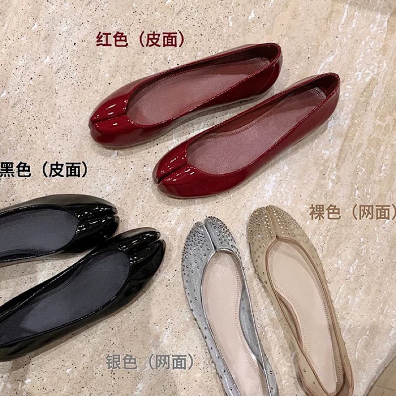 2025新款猪蹄联名款红色浅口分趾单鞋女新款一脚蹬内增高平底鞋|undefined