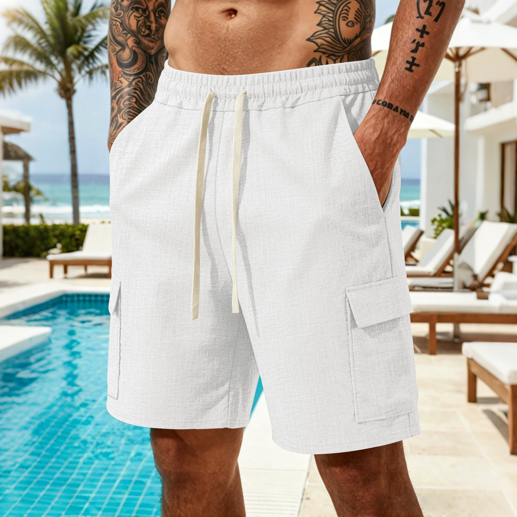 Men's Clothing Men's Retro Multi Pocket Cargo Shorts Casual Loose Fit Drawstring Sports Shorts For Formal & Casual_viptrois.com
