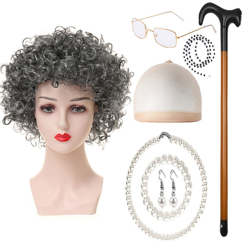 Amazon 100 Days of School Cos Grandma Wig Middle-Aged and Elderly Grandpa Suit Wife Wig Headgear