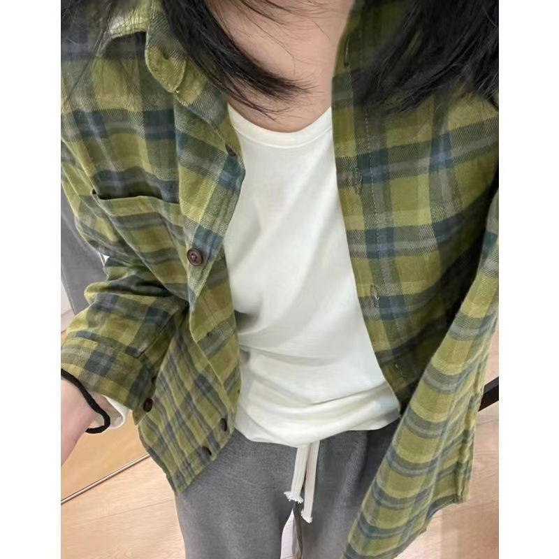港风绿色格子衬衫女春夏宽松大码慵懒风胖MM美式复古休闲衬衣外套