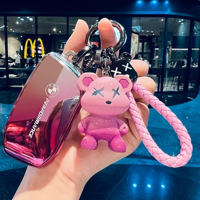 for BMW key set 5 series 3 — Car key bag - model-f-gradient-pink-key-cover-bear-ring-braided-rope-violent-bear-doll