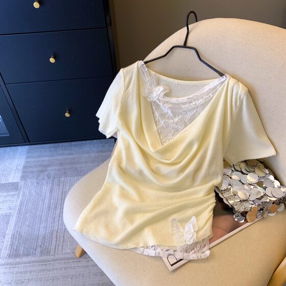 Real Shot ~ Lace Swing Collar Short-sleeved T-shirt Women's Summer 2025 Fake Two-piece Irregular T-shirt French Style