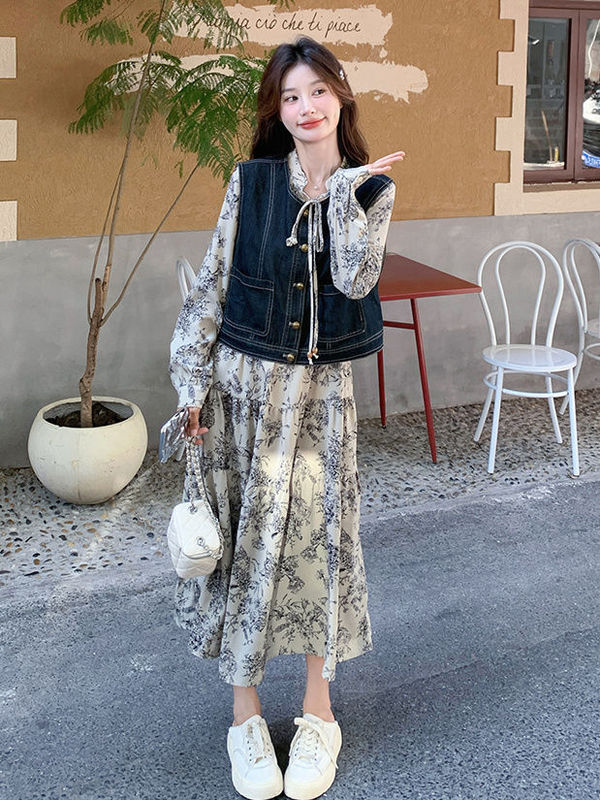 Plus Size Women's Chinese Ink Painting Dress Denim Autumn Vest Two-Piece Set 2025 Elegant and Gentle New Suit