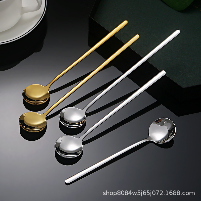 304 Stainless Steel Golden Small Round Spoon Coffee Spoon Long Handle Bird's Nest Stirring Spoon Household Honey Dessert Spoon Cross-Border 304 Stainless Steel Golden Small Round Spoon Coffee Spoon Long Handle Bird's Nest Stirring Spoon Household Honey Dessert Spoon Cross-Border