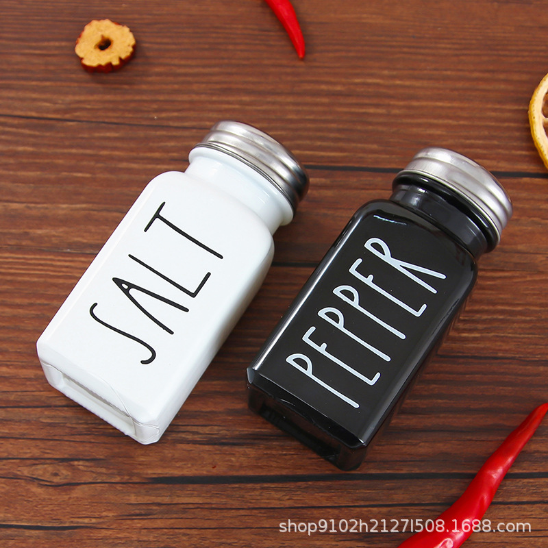 Amazon traje blanco y negro rosa azul cuadrado condimento botella barbacoa pimienta cocina condimento botella sal MSG botella de vidrio