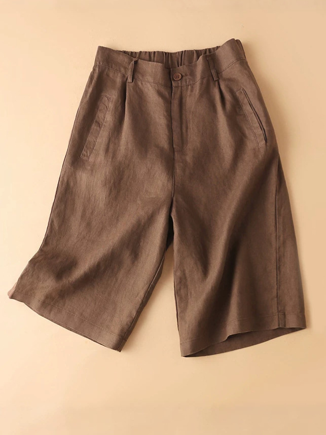 Quần short ống rộng 5 phần nữ chất liệu cotton linen màu cà phê kiểu dáng retro — Màu đen