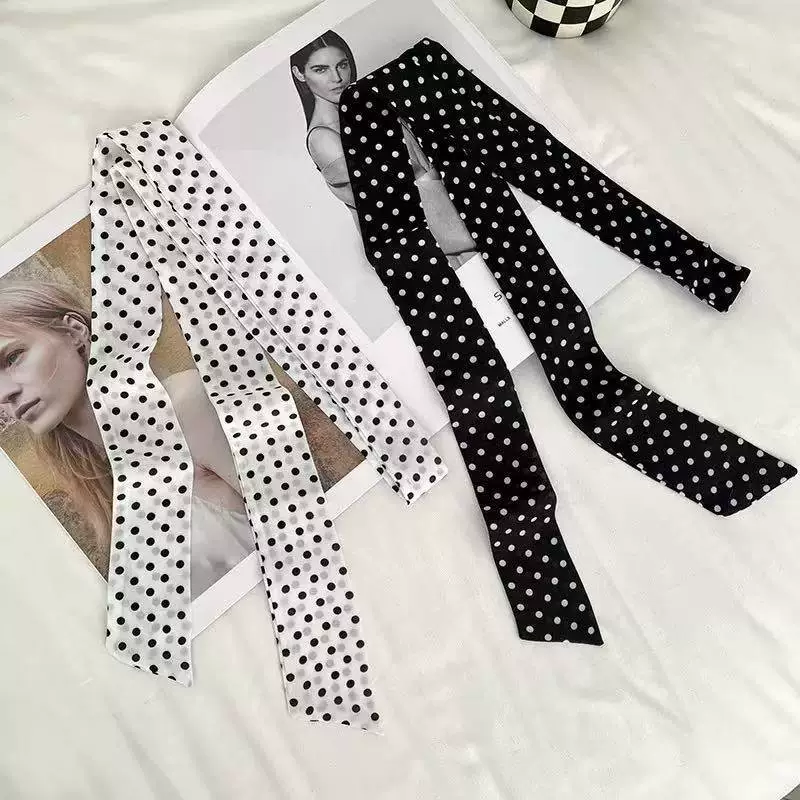 Корейский стиль длинный черно-белый горошек шелковый шарф весна-лето новый стиль шейный шарф украшение универсальный temperament сочетается с рубашкой ленты