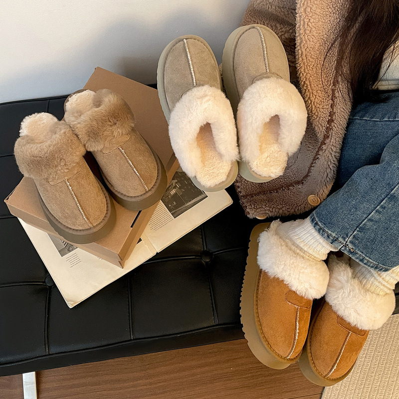 Retro Height-Increasing Thick-Soled Fleece-Lined Half-Slip Birkenstock-Style Shoes for Women, 2025 New Autumn and Winter Warm Snow Fur Slippers
