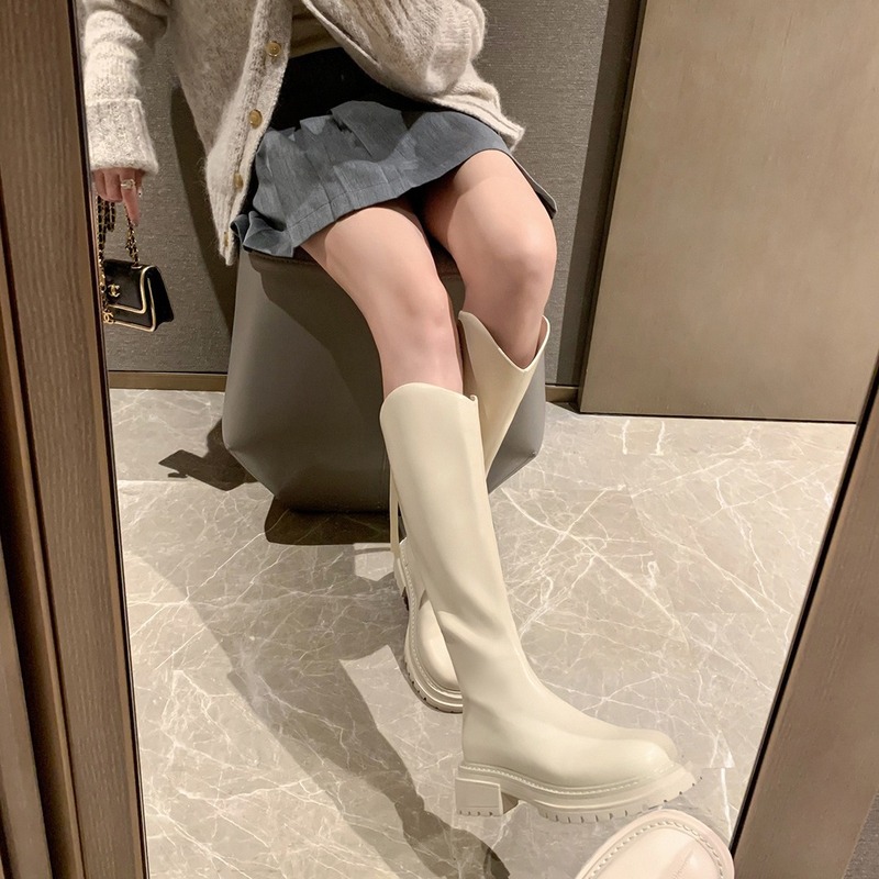 蒋依依同款苏茵茵粗跟厚底加绒弹力V口后拉链中高筒靴女骑士长靴|undefined