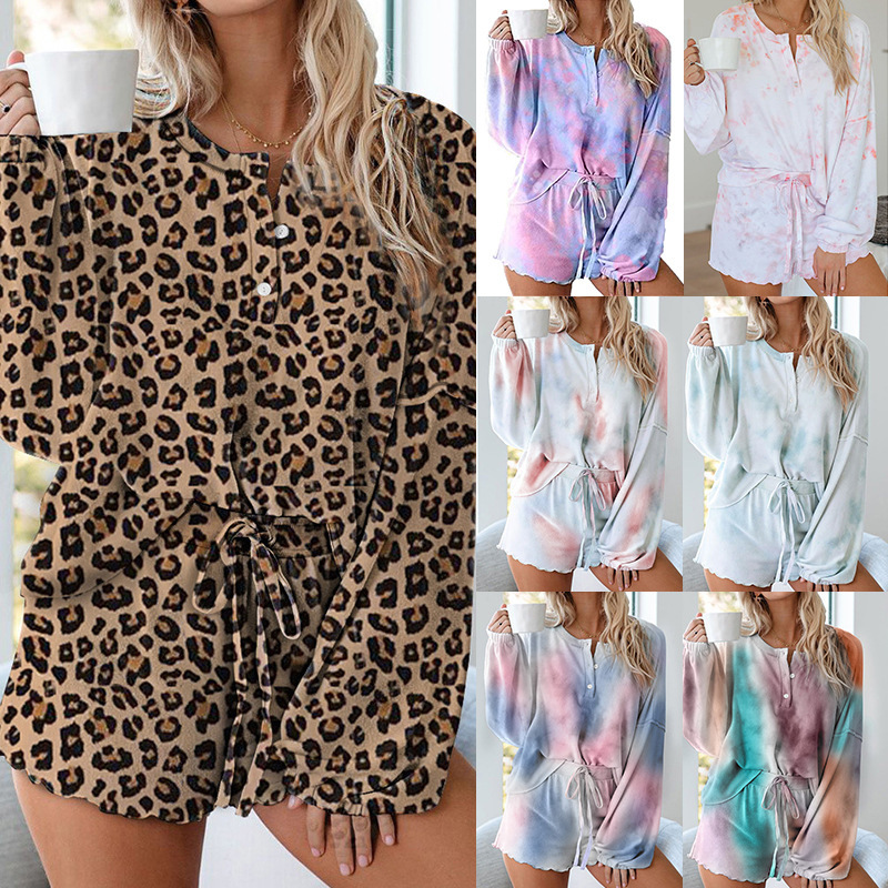 Summer Amazon Explosions European and American Women's Tie-Dye Printing Casual Long Sleeve Shorts Suit Home Clothes OM9256