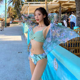 厂家直销欧美泳衣三件套网纱披肩罩衫性感聚拢分体印花比基尼泳装