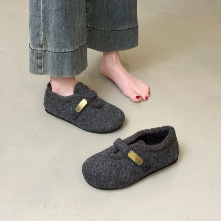 Лесной стиль ретро плюс бархатные туфли Birkenstock для женщин, все включено осень-зима 2025 плоские пушистые туфли, шапочка, тёплые хлопковые носки