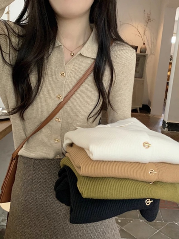 别致polo领纽扣针织羊毛衣外套秋chic法式复古内搭长袖上衣女开衫|undefined