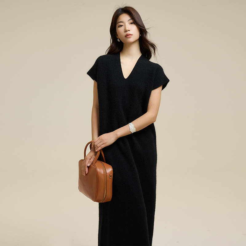 MAILLARD  RACCOON VELVET V-NECK 원피스 여성 24 가을 | 겨울 새로운 소프트 왁스 스택 니트 롱 스커트 스택 스웨터