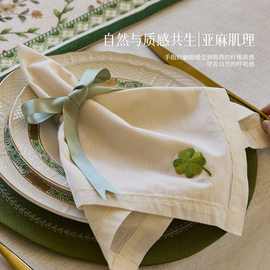 餐巾亚麻白色餐布方巾绣花酒店西餐口布高级感百搭口巾布防烫