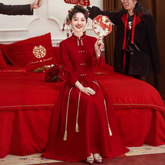 敬酒服新娘酒红色中式订婚连衣裙回门便装2025新款小个子礼服套装