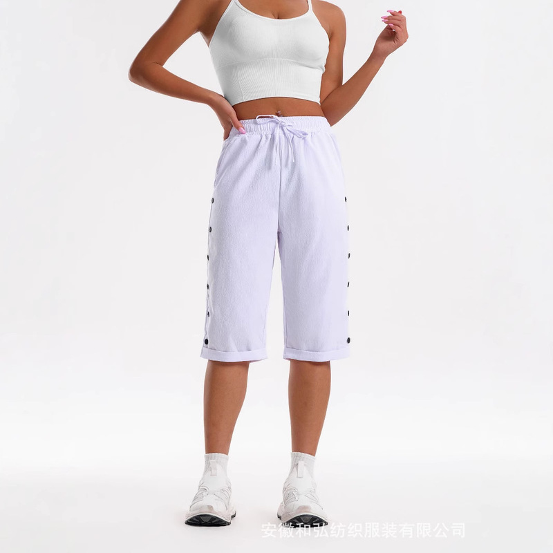 Cross-Border Women's Shorts, Fashionable Casual Beach Shorts, Three-Quarter Length Shorts with Elastic Waistband, Drawstring, and Button Decoration