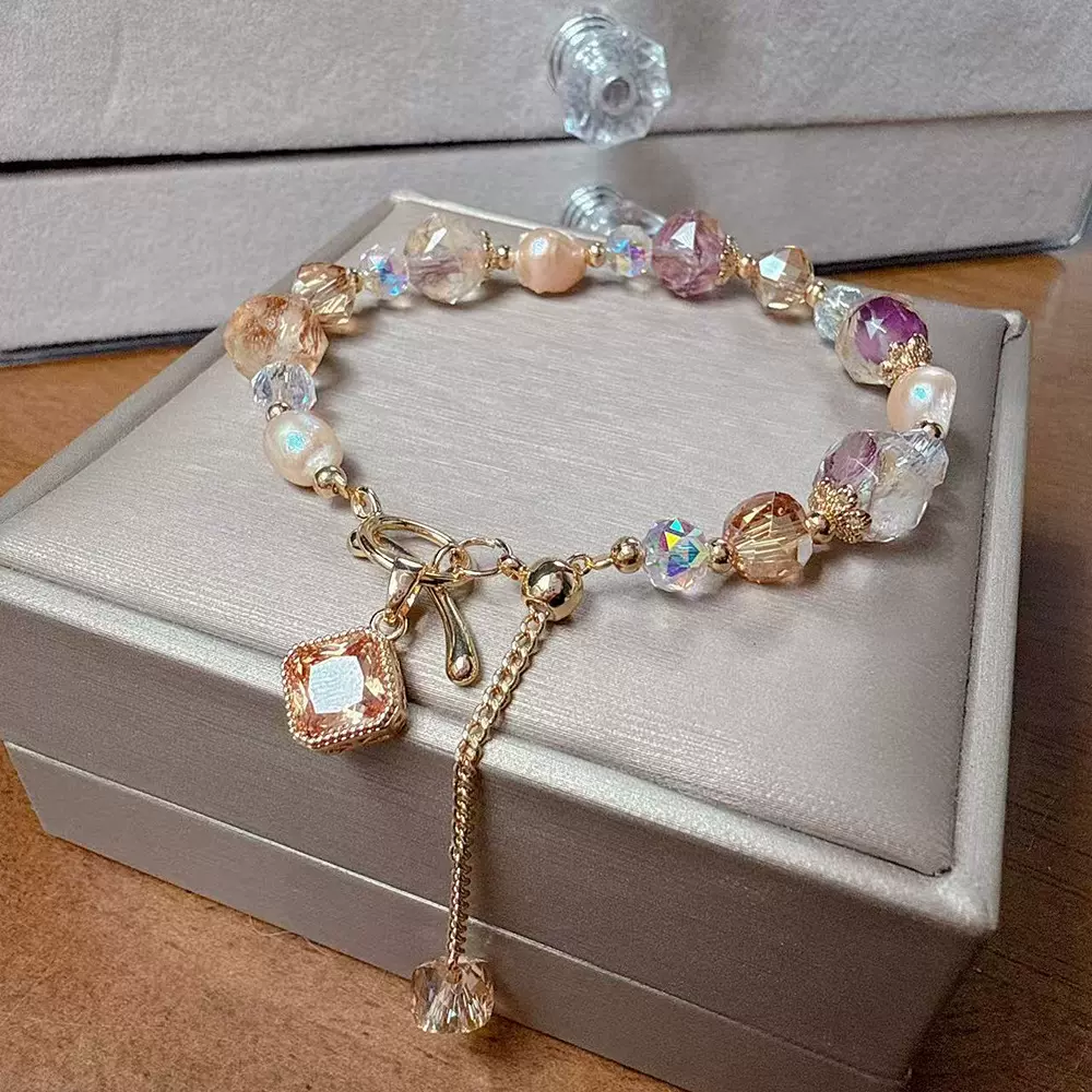 小众设计款琉璃手链女气质方钻挂坠天然珍珠手串时尚ins抽拉手饰