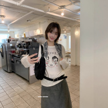 美式慵懒印花棉麻长袖T恤女秋季圆领基础内搭打底衫韩系穿搭上衣