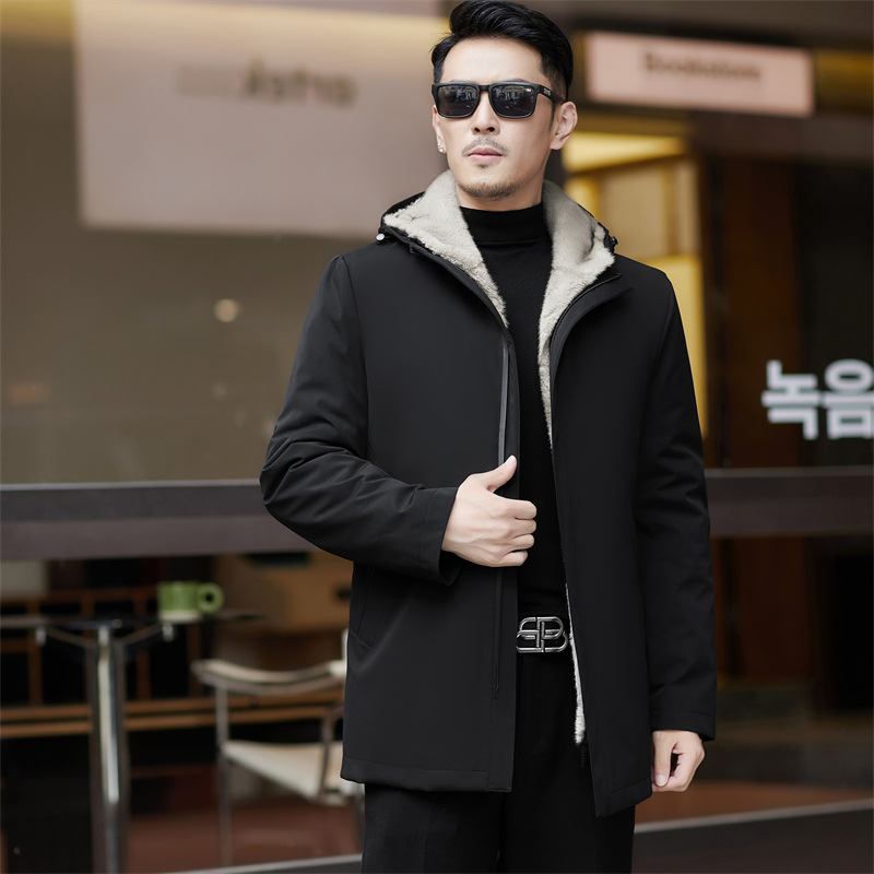 브랜드 남성 파커 의류 실버 세이블 라이너 2024 겨울 중년 비즈니스 캐주얼 두꺼운 따뜻한 후드 재킷