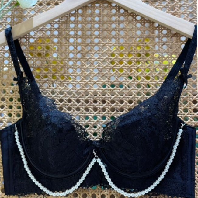 6880 Pure Desire Bra Pestañas Encaje Colgante de perlas Oreja de conejo ultrafina Anillo de acero suave Copa BC Ropa interior Sujetador sexy