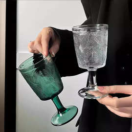 法式浮雕树叶创意玻璃杯高脚杯子透明高颜值果盘玻璃轻奢批发现货