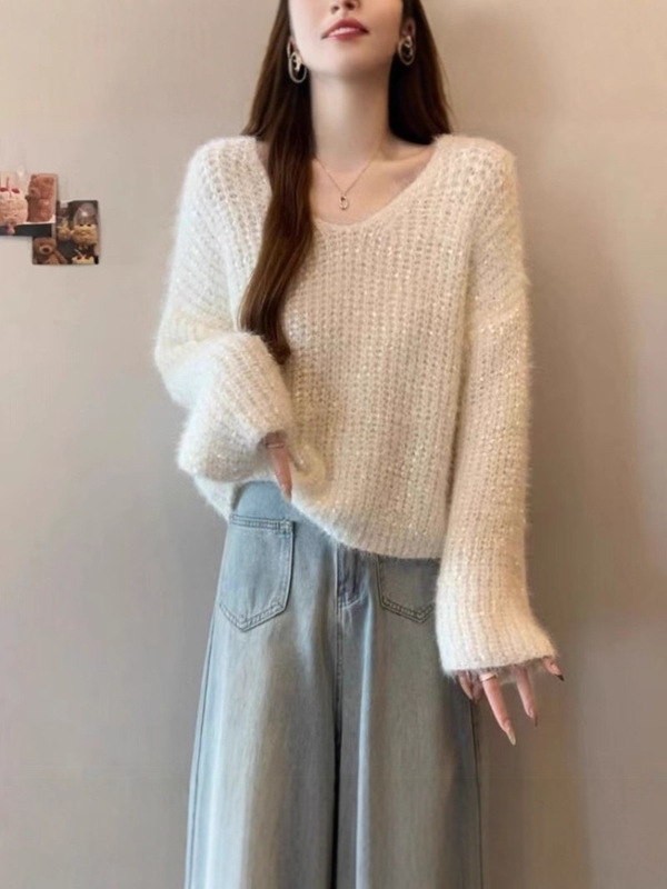 跨境速卖通仿水貂毛软糯糯设计感毛衣女2025秋冬新款简约马海毛女|undefined