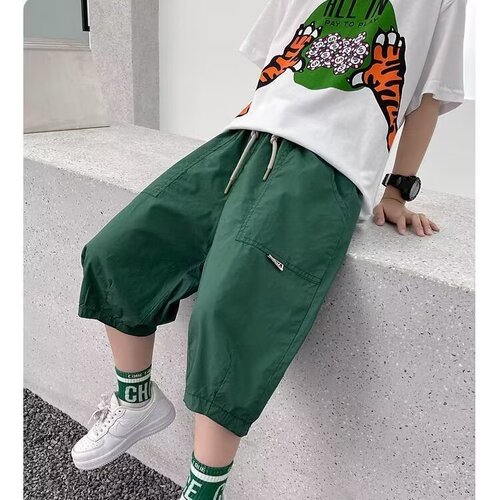 Children's Summer Thin 7/8 Length Pants Children's Korean Style Work Pants for Big Kids Loose and Comfortable Mid-Calf Outerwear