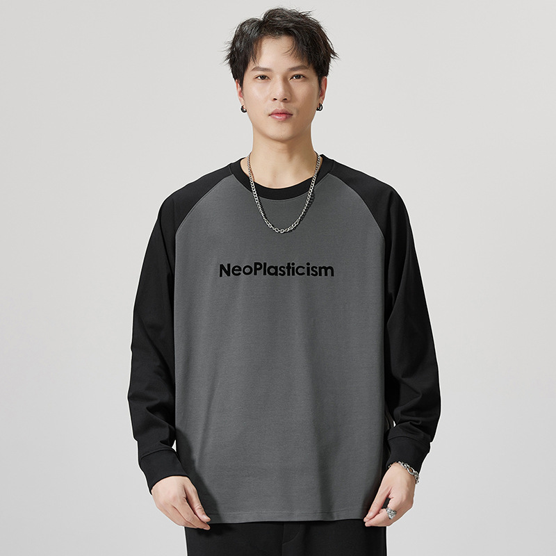 F1121 | Großes, neues Herbstprodukt für Herren, 260G, langärmliges T-Shirt mit Kuhhorn-Patchwork und lockerem Saum für Männer_voghion.com