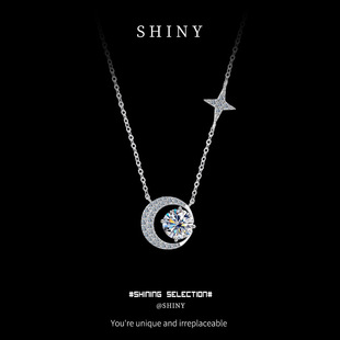 New S925 Sterling Silver Star and Moon Moissanite Necklace Women's Necklace Accessible Luxury Niche Clavicle Chain 1 Carat Pendant Necklace