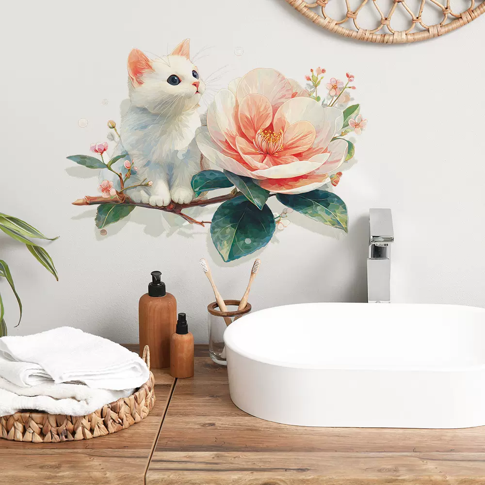 外贸卡通可爱猫咪花朵卧室宿舍家居装饰墙贴贴纸贴画批发自粘跨境