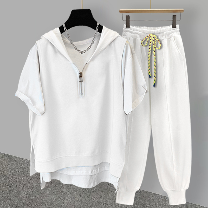 Fake Two-piece T-shirt Suit For Men In Summer,Korean Version,y,Versatile,Handsome,Embroidered Zipper,Hooded,Half-sleeved,Loose