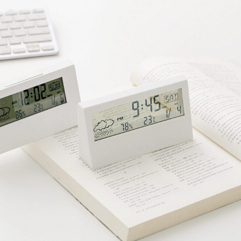 外贸ins简约时钟天气湿度静音数字儿童闹钟透明夜光多功能电子钟